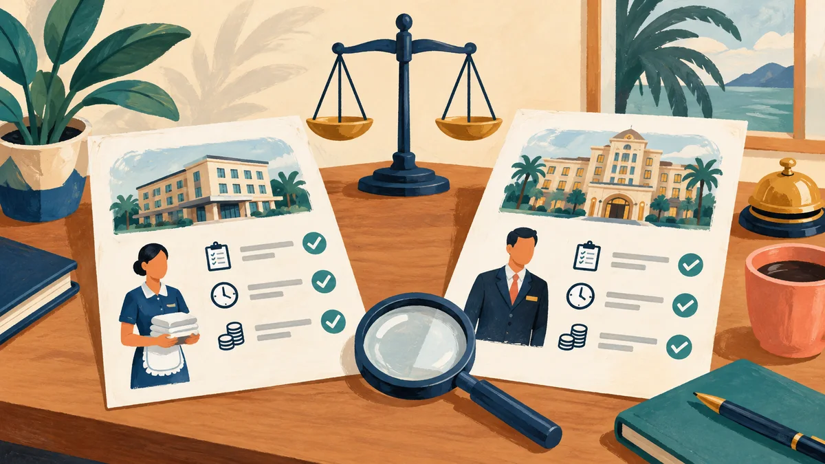 Two hotel job offers compared by duties, hours and pay