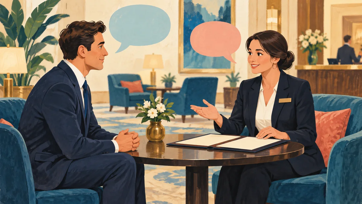 An applicant and a hotel hiring manager discussing the job