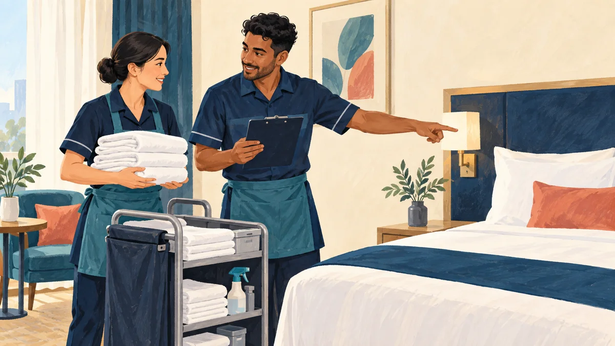 Two room attendants coordinating their assignments beside a linen cart