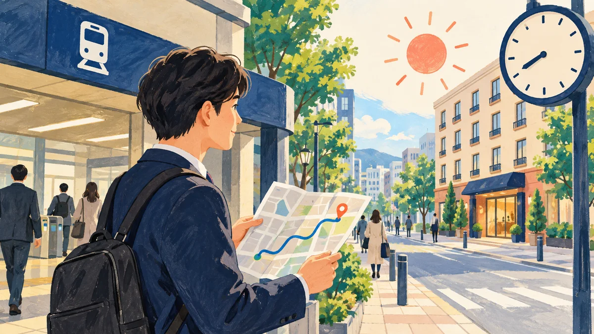 A hotel employee rehearsing the route from a railway station