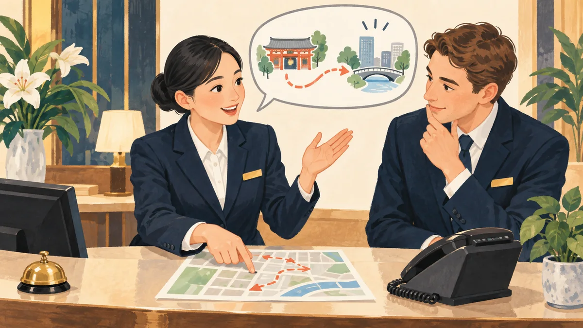 Hotel colleagues practicing guest directions with a map and desk phone