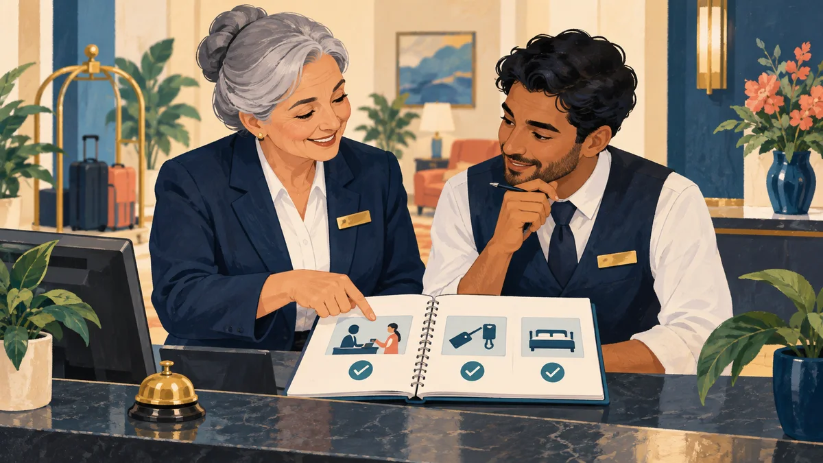 A senior employee and a new colleague reviewing a training notebook