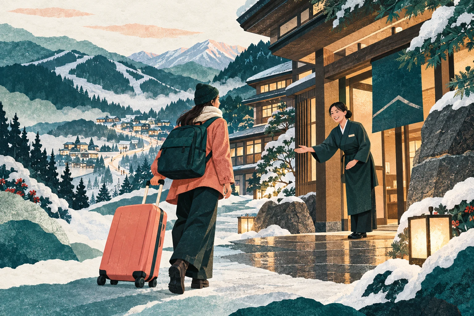 雪山のホテルへ荷物を持って到着する人物を迎えるスタッフ