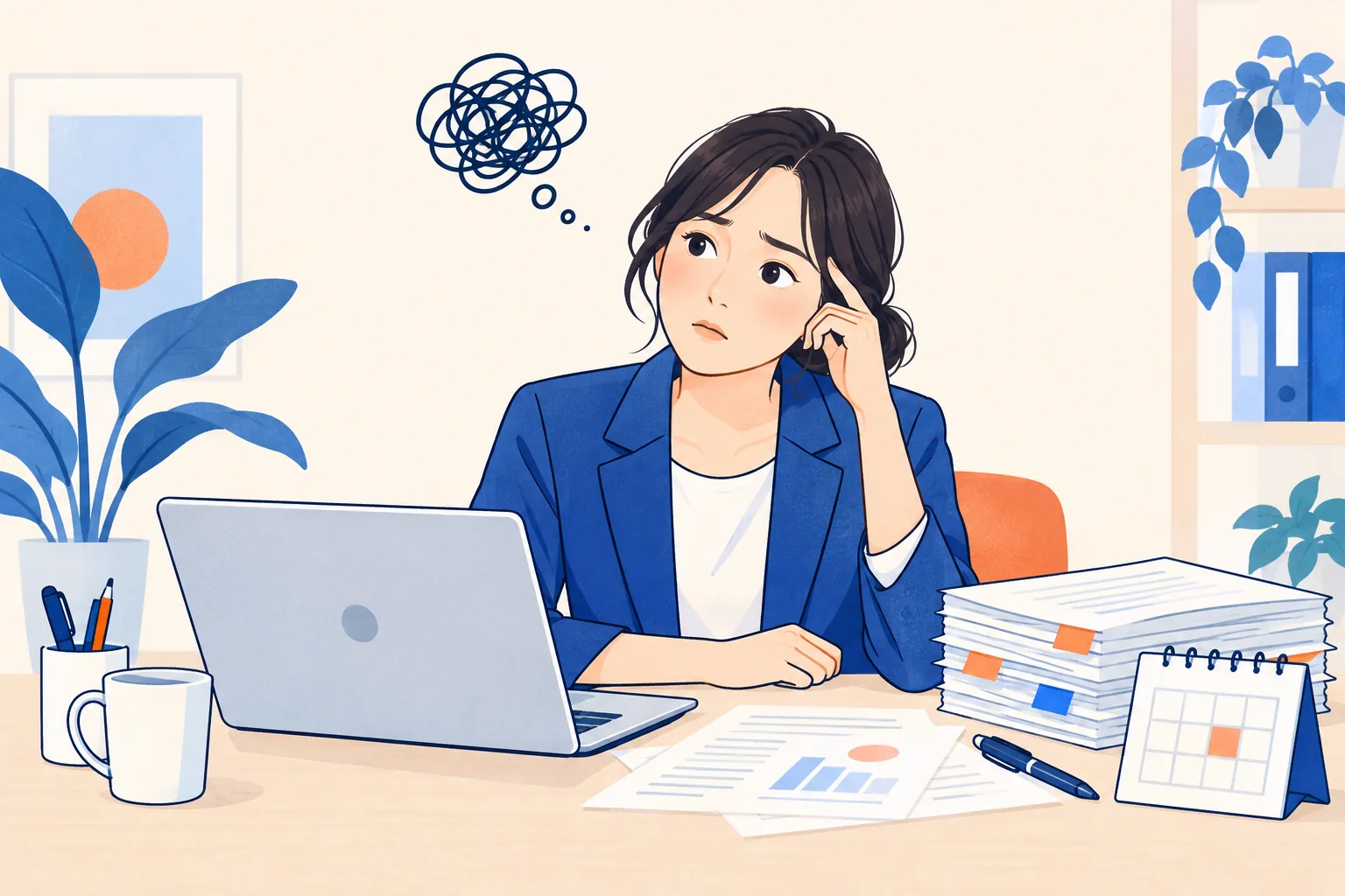 書類や日程調整を前に、採用業務について悩む担当者のイラスト