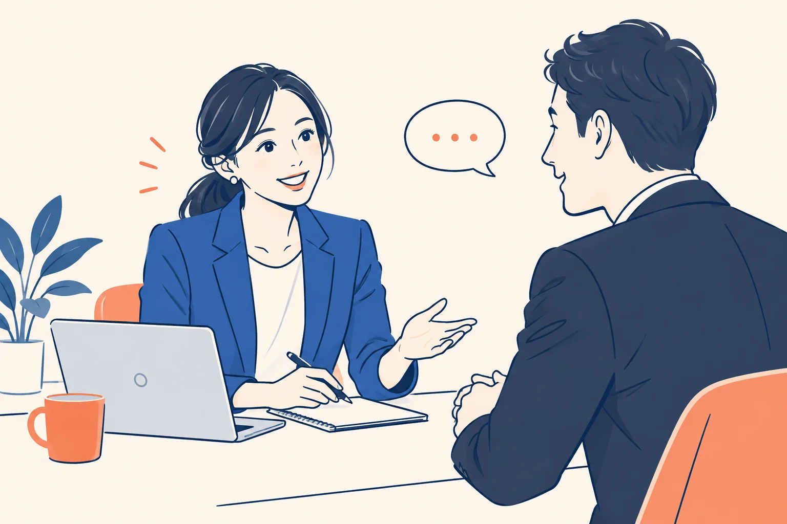 企業の採用担当者の話を、笑顔で丁寧に聞く相談スタッフ